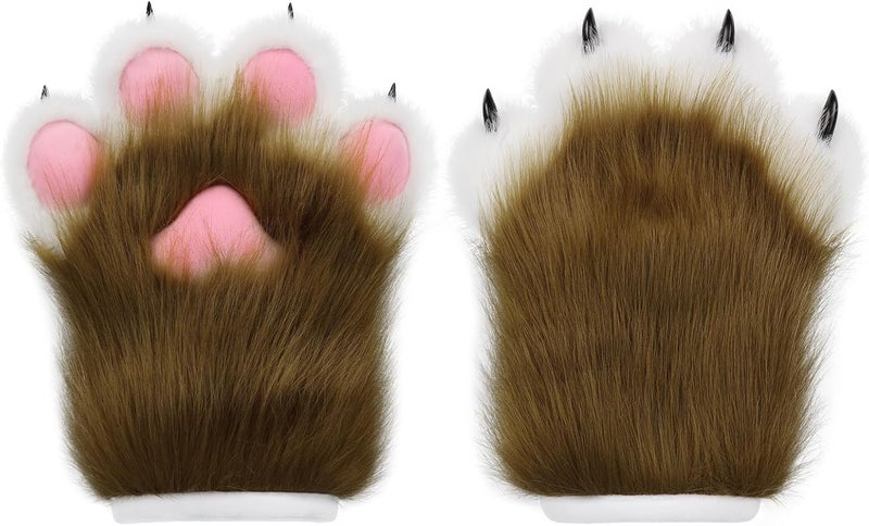 HAOAN Furry Faux Fur Fox Cat Paws Gloves Animal Fursuit Mittens Halloween Christmas Cosplay Costume Props - Image 1